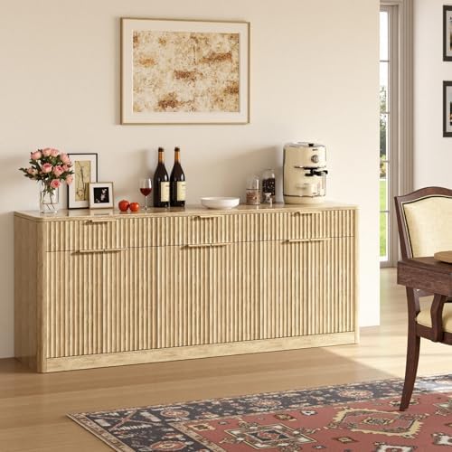 Evermagin 67" Fluted Oak Sideboard Buffet Cabinet with 3 Drawers