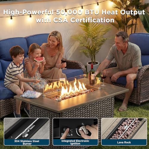 Luxury Patio Furniture Set with Fire Pit Table-8 Pieces All Weather Outdoor Swivel Rocker Chairs with Sofa and Ottomans. Outdoors Patio Conversation Sets for Porch Deck Garden(Brown/Blue)