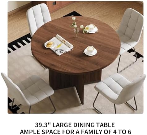HIPIHOM Modern Round Dining Table Set for 2, 39.4" Walnut Kitchen Table with 2 PU Leather Chairs, 3-Piece Mid-Century Dining Room Set for Small Spaces, Pedestal Base