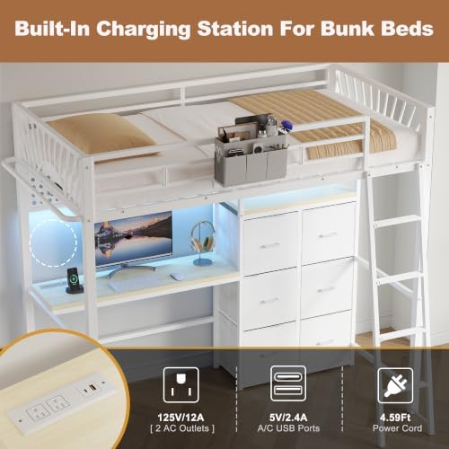 Decofy Twin Loft Bed with Desk and 6 Storage Drawers, Metal Twin Size Loft Beds with Charging Station & LED Lights, Bed Frame with Hanging Rod, Safety Ladder & Guardrail, Bedside Caddy for Kids, Teens