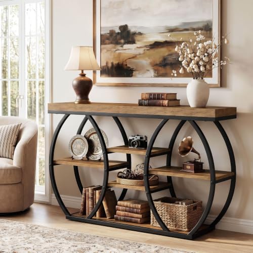 Tribesigns 47-Inch Farmhouse Console Table for Entryway, 4-Tier Narrow Industrial Sofa Table with Artistic Curved Metal Frame for Living Room, Hallway, Foyer, Behind Couch, Rustic Brown