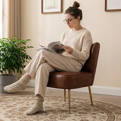 PU Leather Accent Chair Set of 2 - Comfy Armless Slipper Mid Century Side Chair With Golden Legs - Wingback Single Sofa for Living Room, Bedroom, Guest Room - Brown