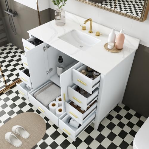 Montary 42" Bathroom Vanity with Sink & 43" Carrara White Quartz Top with 3 Pre-Drilled Faucet Holes, Solid Wood Cabinet, Soft-Close Double Doors & 9 Smooth-Glide Drawers,White