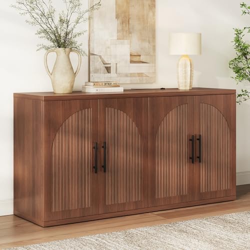 MapleGrace 63" Fluted Buffet Cabinet, Walnut Credenza with Adjustable Shelf
