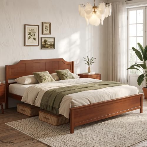 GIANTEX King Size Wooden Bed Frame with Headboard, Wood Slat Support