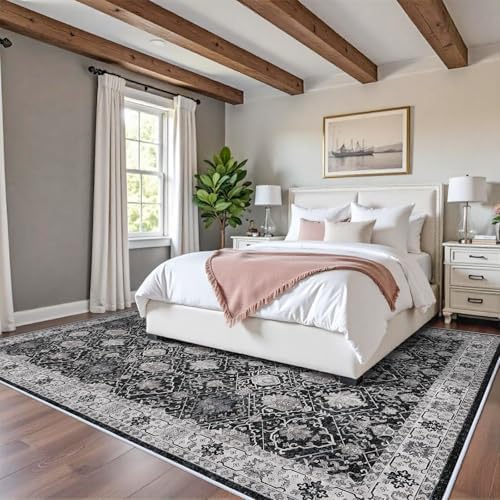 Washable 8x10 Living Room Rug: Vintage Low Pile Water Resistant Area Rug with Non-Slip Backing for Bedroom Dining Room Distressed Carpet for Nursery Indoor Soft Floor Mat for Home Office (8x10 Black)
