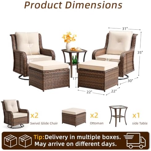 Wumiokio Patio Furniture Sets, Wicker Outdoor Furniture - 360 Degree Swivel Rocking Chairs and Rattan Side Table for Garden,Porch,Backyard (Brown Wicker/Beige Cushion, 5PCS - Swivel Chairs & Ottoman)