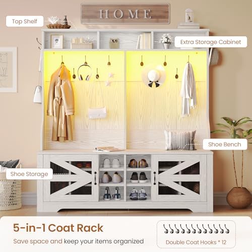 Itaar Hall Tree with Bench and Shoe Storage, 5-in-1 Entryway Bench with Coat Rack, 16 Shoe Cubbies & 12 Coat Hooks, Barn Door & Adjustable Shelf (Embossed White)