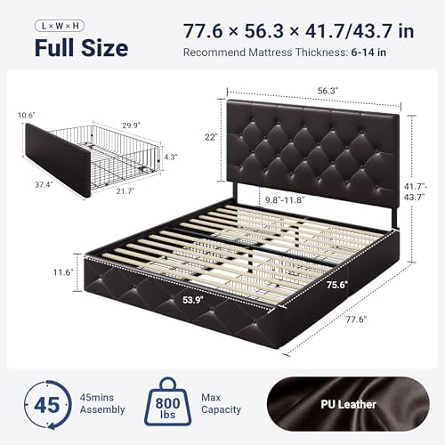 Allewie Full Size Storage Bed Frame with 4 Underbed Drawers, Upholstered Platform Bed with Adjustable Headboard, Diamond Button Tufted, Easy Assembly, Noise-Free, No Box Spring Needed, Brown