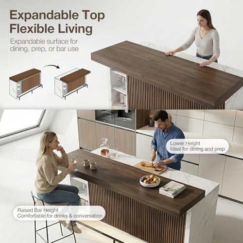 62" Sliding Top Expandable Bar Table with LED Lights, Counter Height Home Bar Cabinet with Shelves & Storage, Marble Finish Modern Bar Island for Kitchen, Living Room, Basement