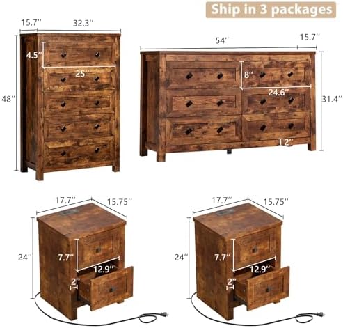 LUXOAK 5-Piece Farmhouse Bedroom Set - Full Storage Bed & Dresser, Brwon