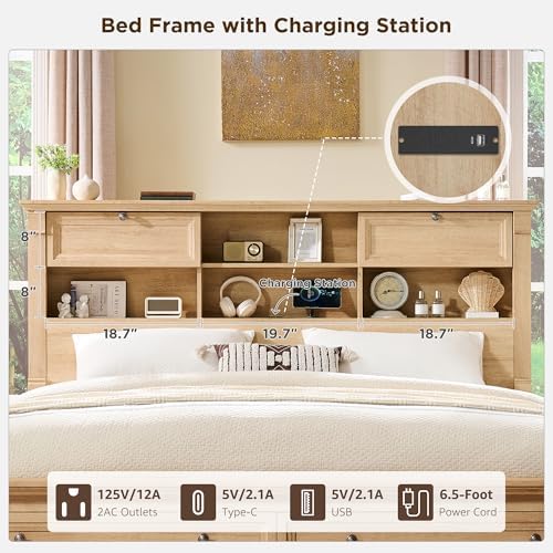 T4TREAM Farmhouse Queen Size Bed Frame with 54" Tall Storage Bookcase Headboard, 18" Roman Column Decoration Footboard,2 Drawer & 4 Storage Rack, Oak