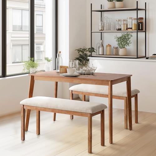 SIMTONAL French Country Dining Bench Wood, Vintage Farmhouse Bench, Fabric Upholstered Dining Chair, 1 Pieces, Light Oak