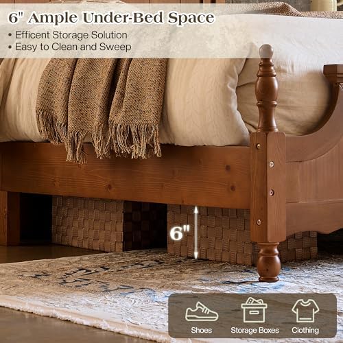 LUXOAK King Size Solid Wood Poster Bed, 55" Arched Headboard, Caramel