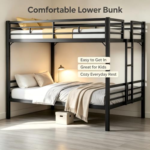 PVWIIK King Over King Metal Bunk Bed with Guardrails,Ladder,Black