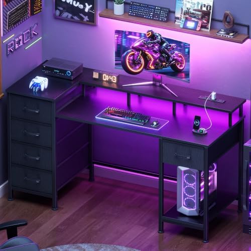 Korfile 47 Inch Computer Gaming Desk with Power Outlets & LED Lights Reversible Home Office Desk with Adjustable 5 Fabric Storage Drawers for Working Writing Study, Carbon Fiber Black