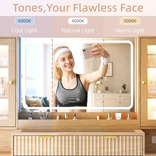55" Vanity Desk with Mirror & Lights, Fluted Makeup Vanity with 8 Drawers & 4 Cabinets, Tempered Glass Top, RGB Cabinet Lighting, 3-Color Dimmable Mirror, and Charging Station
