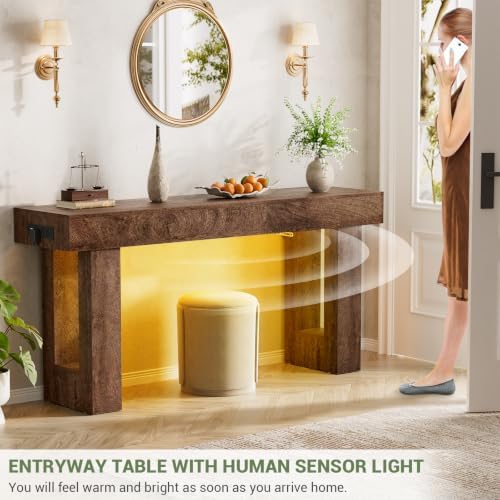 Unikito 63" Console Table with Sensor Light and Oulets, Rustic Oak