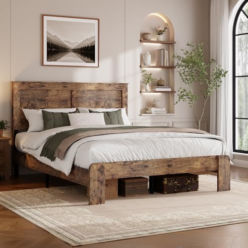Full Size Farmhouse Wood Bed Frame with Panel Headboard, Brown