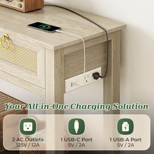 SUPERJARE Rattan Console Sofa Table with Outlets, USB-C Port and 3 Drawers