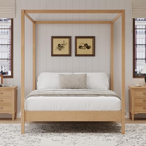 LUMISOL King Size Canopy Bed Frame, Solid Wood 4 Poster Canopy Platform Bed Frame with Slats and Support Legs, No Box Spring Needed, Easy Assembly, Natural
