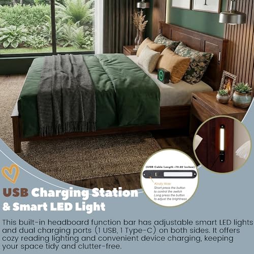 King Bed Frame with Tall Headboard & Footboard, Farmhouse Solid Wood Platform Bed Frames King Size with LED Lights & USB Charging Station,No Box Spring Needed, Walnut