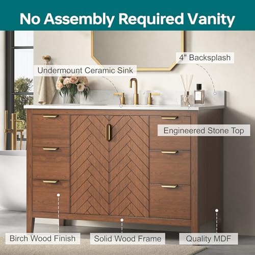 48 Inch Bathroom Vanity with Sink, Pre Assembled, Walnut | Solid Wood Single Sink Bathroom Vanity with Soft Close Doors & Dovetail Drawers, 0.78" Engineered Stone Top, Backsplash