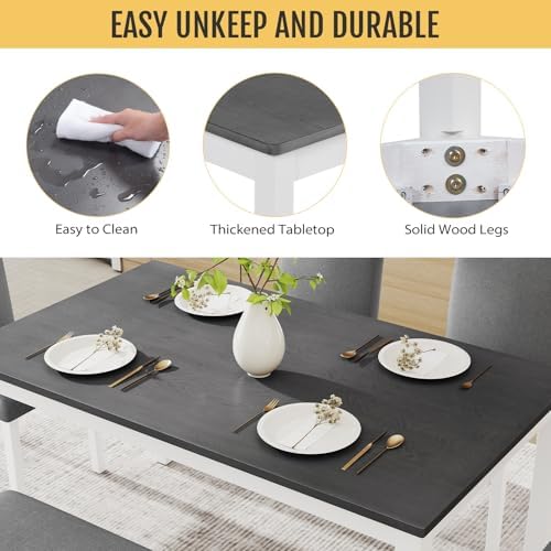Zevemomo 6-Piece Solid Wood Dining Table Set, Wooden Legs, Grey & White