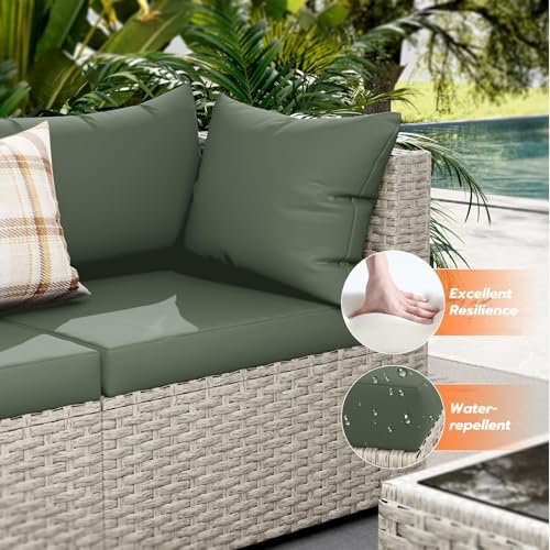 Outdoor Patio Furniture Set with Fire Pit 8 Pcs Wicker Sectional Sofa Green