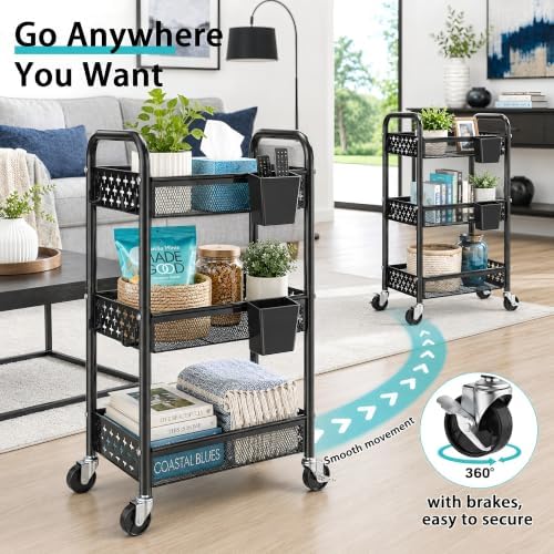 3 Tier Heavy Duty Rolling Cart Organizer, Black Utility Storage Carts with Wheels,Three Tiered Snack Cart for Baby Diaper Caddy, Cleaning Supplies, Craft Art Supply, Lash, Bathroom, Kitchen, Bedside