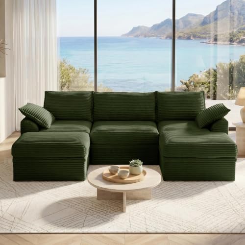 Modular Sectional Couch with Storage, Couches for Living Room, Corduroy 5-Seat U Shaped Upgraded Boneless Couch with 2 Ottomans & Pillows, Cloud Memory Foam Sofa, Deep Seat,No Assembly (107"-Green)