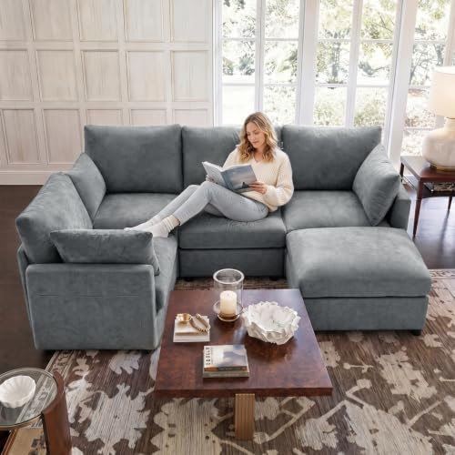 Iroomy Modular Sectional Loveseat Couch for Living Room, Modern Chenille Sofa with Ottoman, 5 Seat, Grey