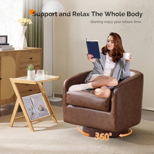VINGLI 360°Swivel Accent Chairs Set of 2 with Engineered Wood Base and Removable Cushion for Living Room, Bedroom, Curved Back Barrel Chairs for Small Space, Upholstered Bucket Armchairs, Pu-Brown