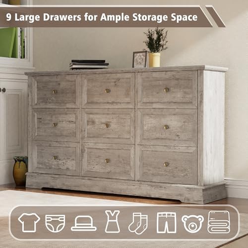 KIGOTY Farmhouse Bedroom Set, 4 Pcs Dresser and Nightstand Sets, 9/5 Drawer Dresser & 2 Drawer Nightstand Set with Charging Station,Rustic Wood Bedroom Furniture Set for Home