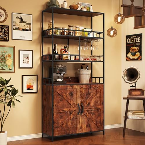 IDEALHOUSE Bar Cabinet Tall Wine Cabinet 70.8" Freestanding Wine Rack Industrial Liquor Cabinet with Glass Holder 5 Tier Bakers Rack with Cabinet Standing Microwave Stand Large Kitchen Storage Rack