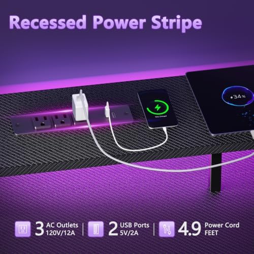 Korfile 55 Inch Gaming Desk with Power Outlets and LED Lights, Reversible Computer Desk with 5 Fabric Storage Drawers, Home Office Desk with Monitor Stand for Working Writing Study, Carbon Fiber Black