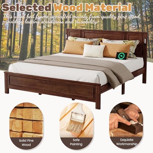 King Bed Frame with Tall Headboard & Footboard, Farmhouse Solid Wood Platform Bed Frames King Size with LED Lights & USB Charging Station,No Box Spring Needed, Walnut