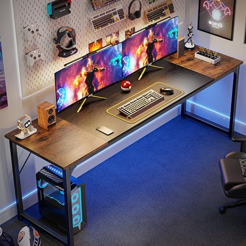 Huuger 78.7 Inch Office Computer Desk with Storage, Writing Work Desk for Home Office, Study, Gaming, Long Simple Desk, Large Legroom, Metal Frame, Rustic Brown and Black