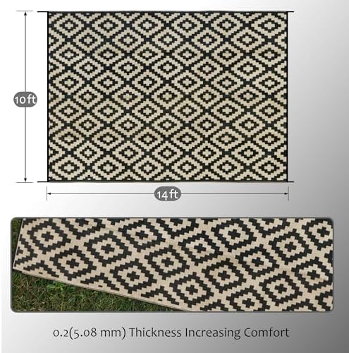SAND MINE Reversible Mats, Plastic Straw Rug, Modern Area Rug, Large Floor Mat and Rug for Outdoors, RV, Patio, Backyard, Deck, Picnic, Beach, Trailer, Camping, Black & Beige, 10' x 14'