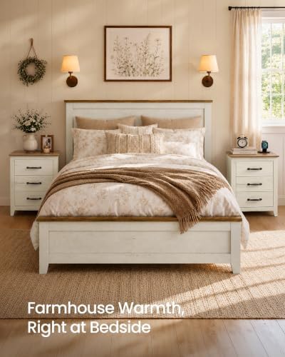 VASAGLE Farmhouse Nightstand with Charging Station, 3 Drawers