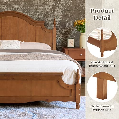 LUXOAK California King Solid Wood Poster Bed, 55" Arched Headboard, Caramel