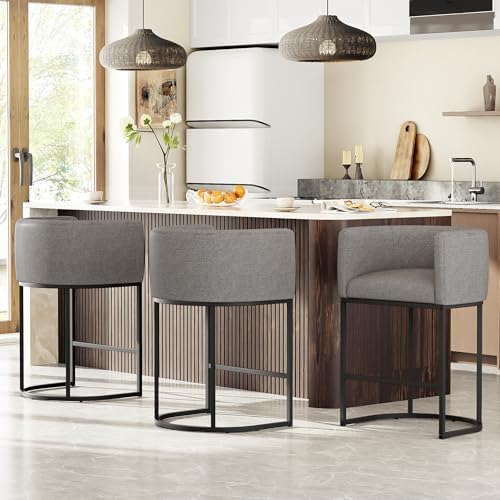 26" H Counter Height Bar Stools Set of 3, Modern Barrel Counter Stools with Backrest and Arms, Linen Fabric Upholstered Accent Barstools for Kitchen Island,Support 450 LBS (Gray)