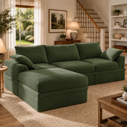 Upgraded Boneless Couch with Storage, Sectional Couches for Living Room, L-Shaped Modular Cloud Corduroy Sofa with Ottoman & Pillows, Oversized Deep Seat Memory Foam Couch, No Assembly,107" L(Green)
