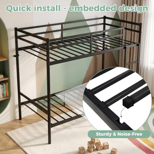 Metal Bunk Bed Twin Over Twin for Kids and Teens, Noise-Free Design, Black