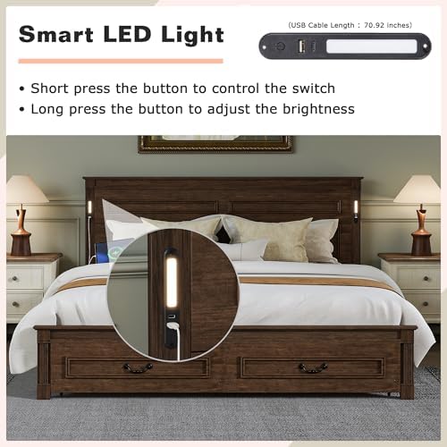 King Size Bed Frame with 2 Storage Drawers & Tall-Panel Headboard and Footboard, Wood Platform Storage Bed Built-in LED Lights, USB Charging Station, No Box Spring Required (Walnut)