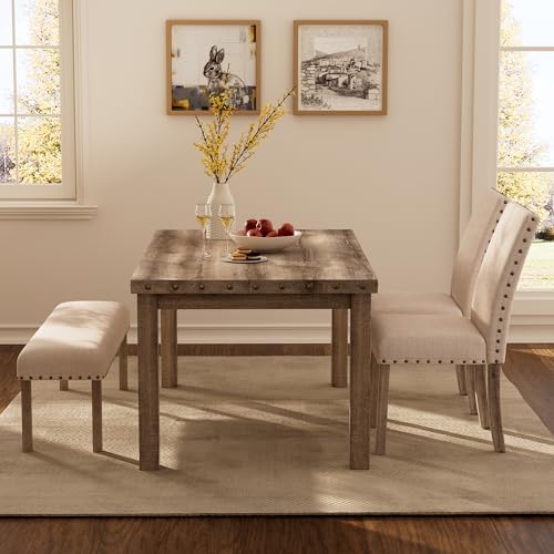 Modern Fort 4-Piece Farmhouse Dining Table Set for 4, 60" Rectangular Wood Dining Table with 2 Upholstered Chairs& Bench，Nailhead Trim, Kitchen Table with Chairs Set for Dining Breakfast Nook