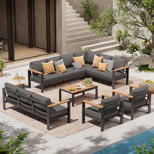 Aluminum Outdoor Patio Furniture Set, 11 Seats Patio Conversation Sets, Oversized Outdoor Sectional with Washable Thick Cushions & Coffee Table for Backyard, Garden and Poolside, Graphite