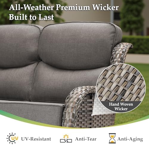Luxury Outdoor Patio Furniture Set-Wicker High Backrest 3-Seat Patio Sofa with Comfy 6" Cushion, Rattan Couch with Deep Seat All-Weather Patio Conversation Set for Deck Backyard Garden(Grey/Grey)
