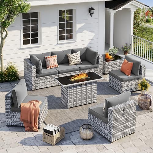 Outdoor Patio Furniture Set with Fire Pit 8 Pcs Wicker Sectional Sofa Grey