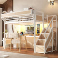 KEIKI Twin XL Size Metal Loft Bed Frame with Storage Staircase, Desk, White